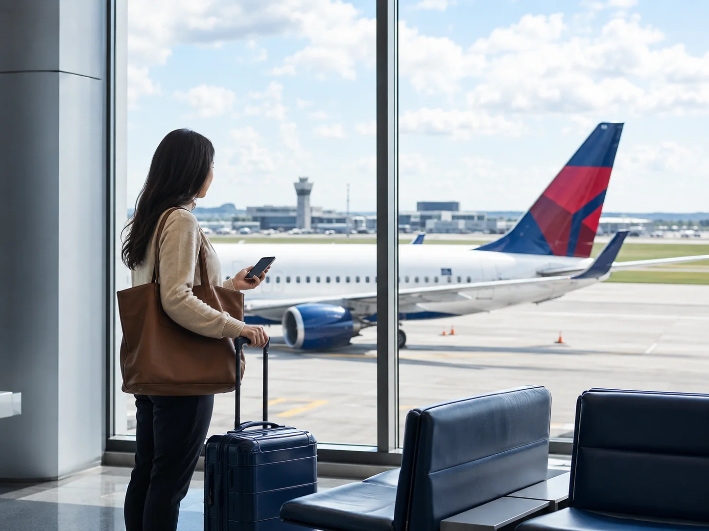 Traveler at an airport terminal window with an aircraft outside